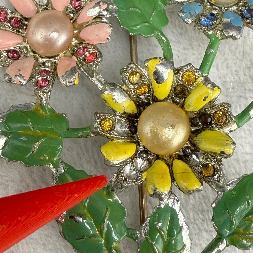 Vintage Rhinestone Flower Brooch Enamel Pastel Silver Tone Chippy READ